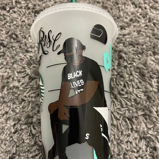 Lewis Hamilton inspired Starbucks tumbler.